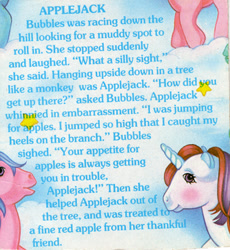 Size: 334x363 | Tagged: safe, imported from derpibooru, applejack (g1), pony, back card, backcard, g1, silly, silly pony, text, that pony sure does love apples, who's a silly pony