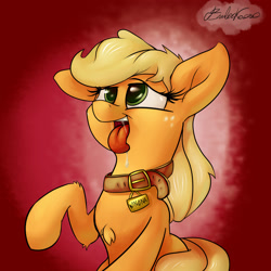 Size: 3000x3000 | Tagged: safe, artist:emberkaese, imported from derpibooru, applejack, dog, earth pony, pony, chest fluff, collar, drool, female, mare, pet play, raised hoof, smiling, solo, tongue out