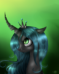 Size: 1200x1507 | Tagged: dead source, safe, artist:dashameleshkina666, imported from derpibooru, queen chrysalis, changeling, changeling queen, crown, female, jewelry, looking up, portrait, regalia, smiling, solo