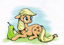 Size: 640x453 | Tagged: safe, artist:el-yeguero, imported from derpibooru, applejack, female, floppy ears, frown, fruit heresy, hatless, hilarious in hindsight, looking back, missing accessory, out of character, pear, pearesy, prone, solo, wide eyes