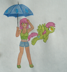 Size: 996x1080 | Tagged: safe, artist:punksweet, imported from derpibooru, tropical storm, human, pony, blind bag pony, clothes, colored sketch, green, humanized, midriff, pink hair, shorts, smiling, solo, tanktop, traditional art, umbrella, yellow eyes
