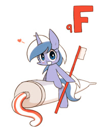 Size: 800x1000 | Tagged: safe, artist:joycall6, imported from derpibooru, part of a set, minuette, pony, unicorn, series:joycall6's periodic table, blushing, chemistry, chibi, cute, female, fluorine, heart, minubetes, periodic table, riding, solo, toothbrush, toothpaste