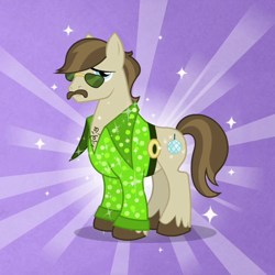 Size: 600x600 | Tagged: safe, imported from derpibooru, screencap, dance fever, earth pony, pony, hearts and hooves day (episode), background pony, clothes, facial hair, hearts and hooves day, male, moustache, solo, stallion, sunburst background, sunglasses, the perfect stallion, too flashy