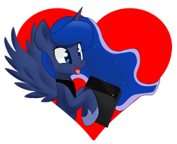 Size: 1800x1467 | Tagged: safe, artist:hidden-cat, imported from derpibooru, princess luna, gamer luna, blushing, cargo ship, female, heart, playstation 4, shipping, solo, spread wings