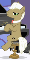 Size: 215x424 | Tagged: safe, imported from derpibooru, screencap, frederic horseshoepin, octavia melody, earth pony, pony, the best night ever, background pony, male, musical instrument, piano, sitting, stallion, unamused