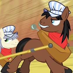 Size: 555x555 | Tagged: safe, imported from derpibooru, screencap, full steam, john bull, promontory, earth pony, pony, over a barrel, background pony, bandana, blank flank, cropped, duo, hat, horse collar, looking back, male, speed lines, stallion