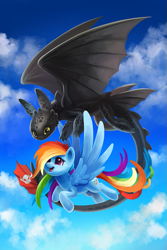 Size: 667x1000 | Tagged: safe, artist:tsaoshin, imported from derpibooru, rainbow dash, dragon, night fury, pegasus, pony, backwards cutie mark, crossover, cute, dreamworks, duo, female, flying, hair over one eye, how to train your dragon, mare, toothless the dragon