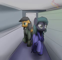 Size: 1280x1229 | Tagged: safe, artist:the-furry-railfan, imported from derpibooru, oc, oc only, oc:elder quazar, oc:twintails, earth pony, pegasus, pony, fallout equestria, fallout equestria: occupational hazards, bunker, clothes, corridor, indoors, pipbuck, steel ranger, steel rangers, story