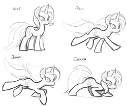 Size: 1239x1053 | Tagged: dead source, safe, artist:reiduran, imported from derpibooru, trixie, pony, unicorn, crouching, female, jumping, mare, monochrome, running, sketch, solo, standing