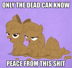 Size: 631x600 | Tagged: safe, imported from derpibooru, apple bloom, sweetie belle, image macro, meme, only the dead can know peace from this evil, vulgar
