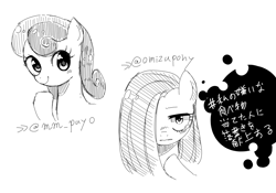 Size: 1097x768 | Tagged: safe, artist:weiliy, imported from derpibooru, bon bon, pinkie pie, grayscale, japanese, monochrome