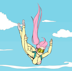 Size: 1280x1260 | Tagged: safe, artist:scorpdk, imported from derpibooru, fluttershy, human, air ponyville, ass, backbend, breasts, butt, clothes, cloud, colored, female, goggles, humanized, parachute, sky, skydiving, smiling, solo