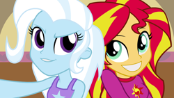 Size: 1280x720 | Tagged: safe, artist:hakunohamikage, imported from derpibooru, sunset shimmer, trixie, equestria girls, rainbow rocks, clothes, cute, diatrixes, duo, pajamas, portrait, selfie, shimmerbetes, slumber party, smiling, vector, wallpaper