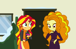 Size: 6702x4375 | Tagged: safe, artist:mit-boy, imported from derpibooru, adagio dazzle, sunset shimmer, equestria girls, rainbow rocks, absurd resolution, adoragio, blushing, cute, female, lesbian, shimmerbetes, shipping, snow, sunsagio, vector, winter