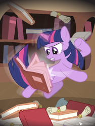 Size: 1500x2000 | Tagged: safe, artist:dm29, imported from derpibooru, twilight sparkle, pony, unicorn, anatomically incorrect, book, female, frown, glare, golden oaks library, gritted teeth, hitting, incorrect leg anatomy, jumping, levitation, magic, mare, pun, punch, reading, scroll, solo, telekinesis, underhoof, unicorn twilight, visual pun, wat