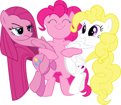 Size: 5940x5135 | Tagged: safe, artist:icy wings, imported from derpibooru, pinkie pie, surprise, earth pony, pegasus, pony, ^^, absurd resolution, alternate design, alternate universe, eyes closed, g1, g1 to g4, g4, generation leap, group hug, hug, pinkamena diane pie, self ponidox, simple background, transparent background, trinity pie, vector