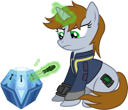 Size: 2054x1775 | Tagged: safe, artist:outlawedtofu, imported from derpibooru, oc, oc only, oc:littlepip, pony, unicorn, fallout equestria, clothes, fanfic, fanfic art, female, frown, glare, glowing horn, hooves, horn, jumpsuit, levitation, lockpicking, magic, mare, mystery box of plot importance, pipbuck, screwdriver, simple background, sitting, solo, telekinesis, transparent background, vault suit, vector