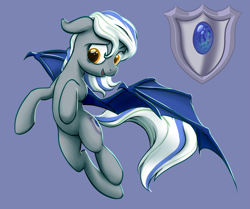 Size: 3805x3180 | Tagged: safe, artist:nadnerbd, imported from derpibooru, oc, oc only, oc:opal, bat pony, pony, female, flying, looking at you, shield, solo