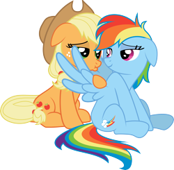 Size: 5307x5208 | Tagged: safe, artist:daydreamsyndrom, imported from derpibooru, applejack, rainbow dash, earth pony, pegasus, pony, absurd resolution, appledash, backwards cutie mark, female, lesbian, mare, pouting, shipping, simple background, sitting, spread wings, transparent background, vector, wings