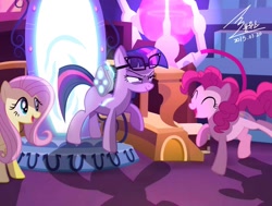 Size: 1100x832 | Tagged: safe, artist:bluse, imported from derpibooru, fluttershy, pinkie pie, sci-twi, twilight sparkle, earth pony, pegasus, pony, unicorn, equestria girls, rainbow rocks, adult blank flank, blank flank, equestria girls ponified, evil, glare, glasses, impostor, just as planned, missing cutie mark, ponified, portal, portal machine, raised hoof, replacement, science, show accurate, smirk, this will end in science, trio, twilight smirkle, uh oh, unicorn sci-twi, unicorn twilight