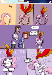 Size: 1280x1853 | Tagged: safe, artist:shieltar, imported from derpibooru, philomena, princess celestia, oc, oc:grace harmony, oc:professor harmony, bird, human, phoenix, comic:birth of equestria, cewestia, comic, cute, cutelestia, dialogue, female, filly, hnnng, squee, weapons-grade cute