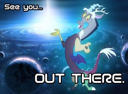 Size: 1024x759 | Tagged: safe, artist:antifan-real, edit, imported from derpibooru, discord, draconequus, all good things, disqord, finale, male, photoshop, planet, q, quote, solo, star trek, universe, voice actor joke