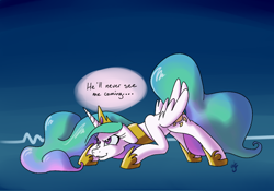 Size: 1000x700 | Tagged: safe, artist:goat train, imported from derpibooru, princess celestia, crouching, female, floppy ears, glare, grin, pounce, smirk, sneaking, solo