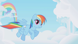 Size: 1280x720 | Tagged: safe, imported from derpibooru, screencap, rainbow dash, pegasus, pony, cloud, cloudsdale, cloudy, female, flying, great moments in animation, intro, looking at you, mare, opening, opening theme, rainbow, raised eyebrow, sky, smear frame, smiling, smirk, solo, spread wings, wat, wings
