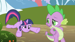 Size: 1280x720 | Tagged: safe, imported from derpibooru, screencap, spike, twilight sparkle, friendship is magic, animation error, blank flank, missing cutie mark