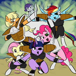 Size: 900x900 | Tagged: safe, artist:glacierclear, artist:glacierclear edits, edit, imported from derpibooru, applejack, fluttershy, pinkie pie, rainbow dash, rarity, twilight sparkle, alicorn, pony, colored, crossover, dragon ball, dragon ball z, female, freeza, frieza, ginyu force, mane six, mare, pose, reference in the comments, saiyan armor, scouter, sure is zarbon in here, tokusentai, twilight sparkle (alicorn)