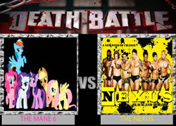 Size: 900x643 | Tagged: safe, artist:markellbarnes360, imported from derpibooru, applejack, fluttershy, pinkie pie, rainbow dash, rarity, twilight sparkle, darren young, david otunga, death battle, exploitable meme, heath slater, justin gabriel, mane six, meme, michael tarver, skip sheffield, the nexus (stable), wade barrett, wwe