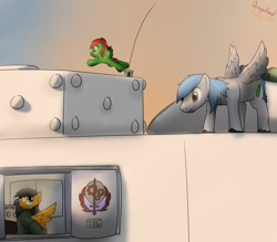 Size: 1280x1120 | Tagged: safe, artist:the-furry-railfan, imported from derpibooru, oc, oc only, oc:buzzy, oc:featherweight, oc:twintails, pegasus, pony, fallout equestria, fallout equestria: occupational hazards, clothes, radio, sunset, tank (vehicle)