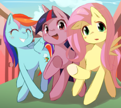 Size: 2500x2236 | Tagged: safe, artist:samu buri, imported from derpibooru, fluttershy, rainbow dash, twilight sparkle, blushing, pixiv