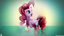 Size: 1920x1080 | Tagged: safe, artist:cr4zyppl, artist:dfer32, imported from derpibooru, pinkie pie, earth pony, pony, bust, cute, diapinkes, female, gasp, glow, glowing, gradient background, happy, open mouth, ponk, portrait, raised hoof, raised leg, reaction image, rearing, reflection, signature, simple background, smiling, solo, wallpaper, weh