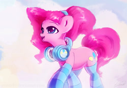 Size: 1834x1272 | Tagged: safe, artist:sverre93, imported from derpibooru, pinkie pie, clothes, female, headphones, ponytail, smiling, socks, solo, striped socks