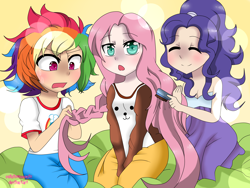 Size: 3264x2448 | Tagged: safe, artist:rainicornmagic, imported from derpibooru, fluttershy, rainbow dash, rarity, human, alternate hairstyle, clothes, humanized, pajamas