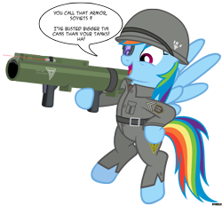 Size: 3000x2787 | Tagged: safe, artist:a4r91n, imported from derpibooru, rainbow dash, pegasus, pony, allied nations, command and conquer, crossover, female, helmet, military uniform, red alert, rocket launcher, simple background, soldier, solo, speech bubble, transparent background, vector