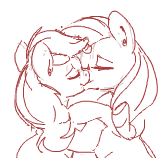 Size: 163x158 | Tagged: safe, artist:yoditax, imported from derpibooru, applejack, rarity, female, flockdraw, kissing, lesbian, lowres, monochrome, rarijack, shipping