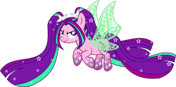 Size: 3000x1491 | Tagged: safe, artist:xebck, imported from derpibooru, aria blaze, pony, butterfly wings, equestria girls ponified, female, gradient hooves, green wings, multicolored hair, ponified, rainbow hair, rainbow power, rainbow power-ified, rainbow tail, simple background, solo, transparent background, vector, wings