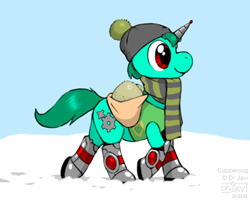 Size: 500x400 | Tagged: safe, artist:drjavi, imported from derpibooru, oc, oc only, oc:coppercog, earth pony, pony, winter wrap up, clothes, fake horn, plant team, prosthetics, scarf, snow, solo, vest, walking, winter outfit, winter wrap up vest