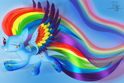 Size: 3400x2300 | Tagged: artist needed, source needed, safe, artist:brunor, imported from derpibooru, rainbow dash, pegasus, female, flying, looking at you, mare, one eye closed, rainbow, rainbow power, sky, smiling, smiling at you, solo, wink, winking at you