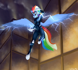 Size: 1500x1347 | Tagged: safe, artist:oneofyouare, imported from derpibooru, rainbow dash, zapp, anthro, unguligrade anthro, power ponies (episode), female, flying, power ponies, solo, spread wings, wings