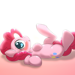 Size: 1000x1000 | Tagged: dead source, safe, artist:ushiro no kukan, imported from derpibooru, pinkie pie, blushing, cute, female, on back, solo