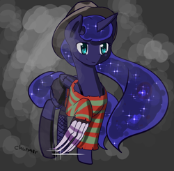 Size: 1280x1255 | Tagged: safe, artist:acharmingpony, imported from derpibooru, princess luna, clothes, costume, crossover, female, fishnets, freddy krueger, hat, nightmare on elm street, solo, stockings