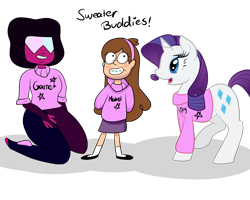 Size: 5000x4000 | Tagged: safe, artist:lisa400, imported from derpibooru, rarity, human, pony, unicorn, clothes, crossover, dialogue, fusion, garnet (steven universe), gem (race), gem fusion, gravity falls, mabel pines, skirt, smiling, steven universe, style emulation, sweater, visor