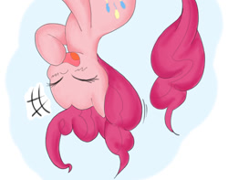 Size: 814x642 | Tagged: safe, artist:fromamida, imported from derpibooru, pinkie pie, pony, eyes closed, female, mare, open mouth, raised hoof, simple background, smiling, solo, upside down