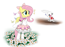 Size: 2800x2065 | Tagged: safe, artist:avchonline, imported from derpibooru, angel bunny, fluttershy, pony, alice in wonderland, bipedal, bloomers, clothes, crossover, dress, lolita fashion, sweet lolita