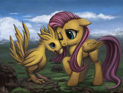 Size: 1200x900 | Tagged: safe, artist:genbulein, imported from derpibooru, fluttershy, chocobo, crossover, cute, duo, female, final fantasy, floppy ears, raised hoof, solo