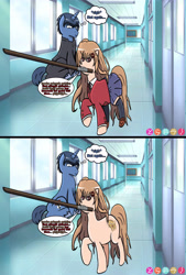 Size: 4921x7259 | Tagged: safe, artist:star-killer89, imported from derpibooru, absurd resolution, clothes, mouth hold, ponified, school uniform, taiga aisaka, takasu ryuuji, toradora, wooden sword