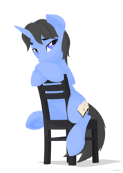 Size: 1280x1800 | Tagged: safe, artist:hoverrover, imported from derpibooru, oc, oc only, oc:scribble note, chair, lineless, looking at you, sitting, solo, underhoof